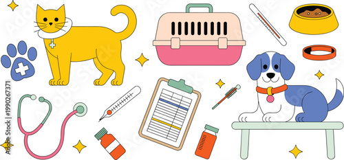 Flat vector set of veterinary clinic icons featuring cat dog pet carrier stethoscope medicine and medical clipboard for animal healthcare services and professional pet grooming and wellness design 