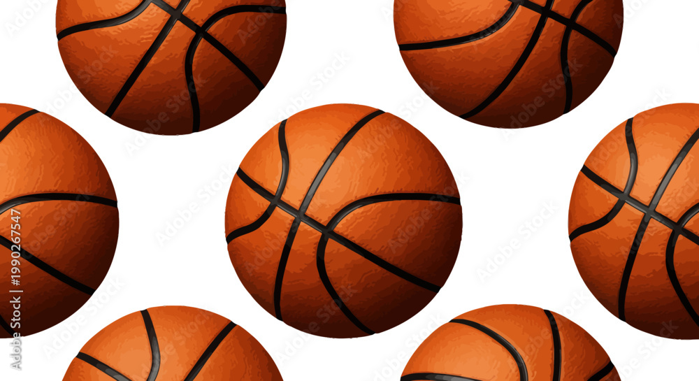 Obraz premium Multiple basketballs scattered across a white background forming a repeating pattern.