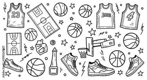 Playful sports doodle collage with balls, shoes, trophies and equipment.
