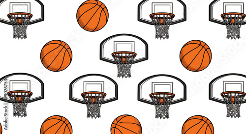 Playful pattern of basketballs and hoops in a dynamic sports motif and repeating tiles.