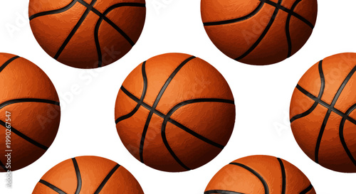 Multiple basketballs scattered across a white background forming a repeating pattern.