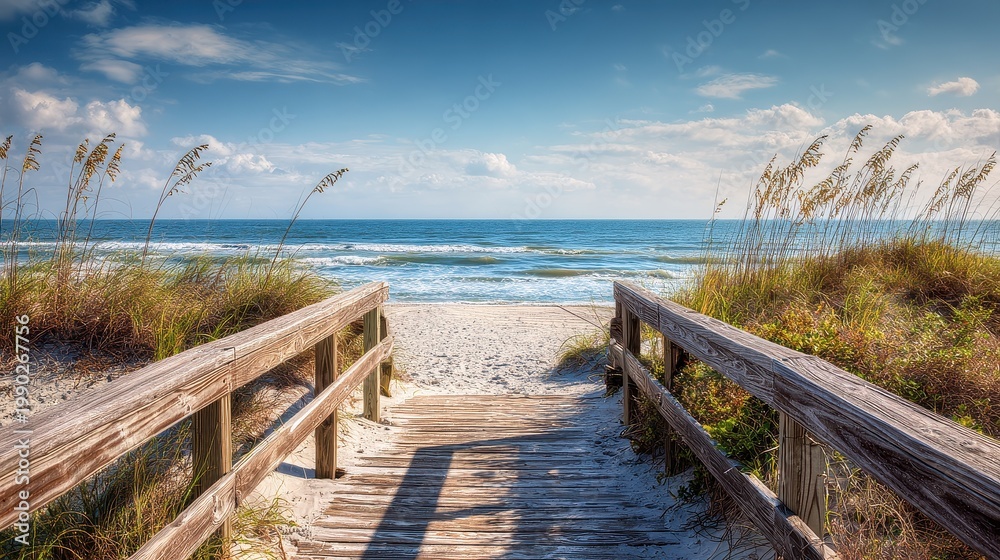 Fototapeta premium Wooden walkway leading to a sandy beach with blue ocean and sky.