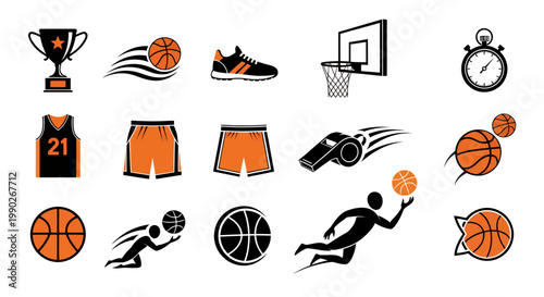 Dynamic collage of basketball players in action with equipment, court, and trophy.