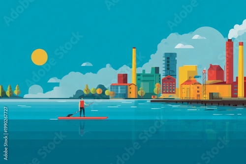 A distant paddleboarder on a river 