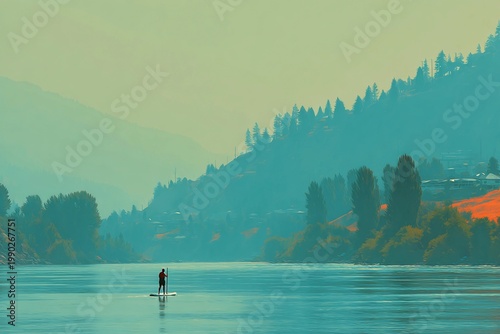 A distant paddleboarder on a river 