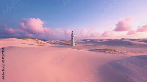 Dreamy Lighthouse on Pink Desert Dunes at Sunset, Serene Landscape Illustration