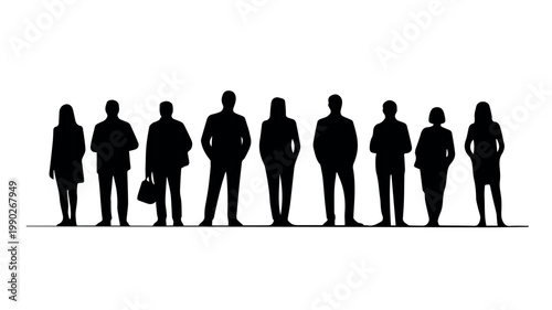 A diverse group of nine professional business people stands side by side in bold black silhouettes, representing teamwork, unity, and a collective workforce.