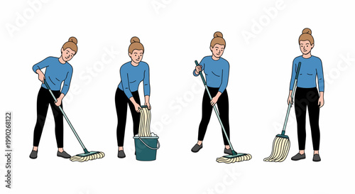 A step-by-step illustration of a woman cleaning a floor with a mop and bucket, demonstrating the process of mopping and wringing.