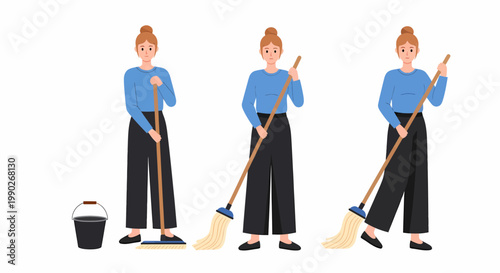 A set of three illustrations showing a woman mopping the floor with a bucket and mop, demonstrating different stages of cleaning.