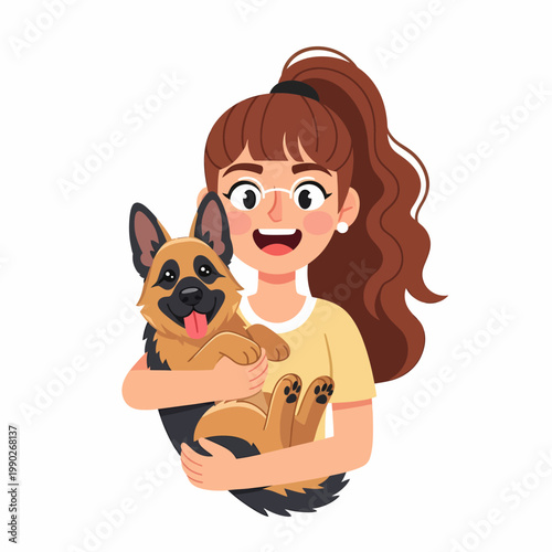 Cartoon girl with glasses and a ponytail happily holding a cute German Shepherd puppy.