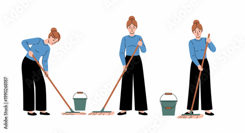 A woman demonstrates different postures and emotions while mopping a floor, from bending with discomfort to standing upright and showing fatigue.