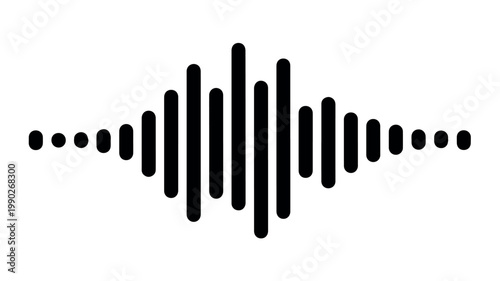 A symmetrical and dynamic black audio wave icon or equalizer illustration visually represents sound, music, and digital frequency variations.