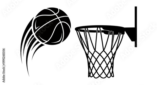 Dynamic basketball scene featuring hoop, net, and players in motion.