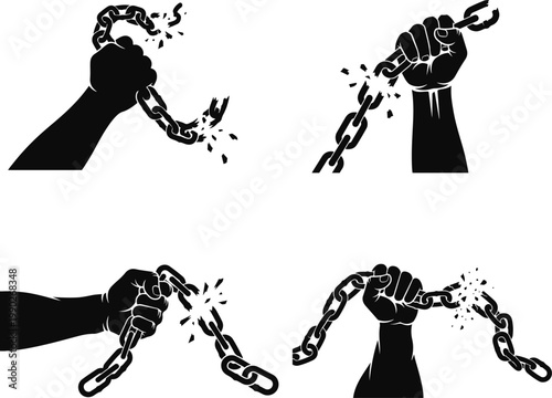 Powerful black silhouette of hand breaking heavy iron chain symbolizing freedom strength resilience liberation concept vector art design