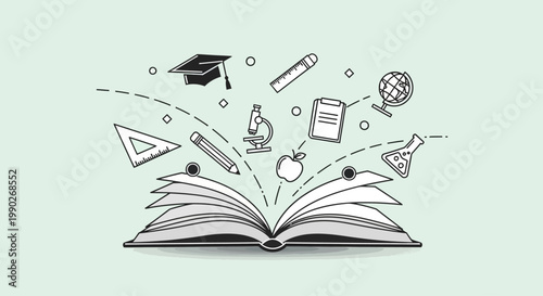 Open book with education icons rising.