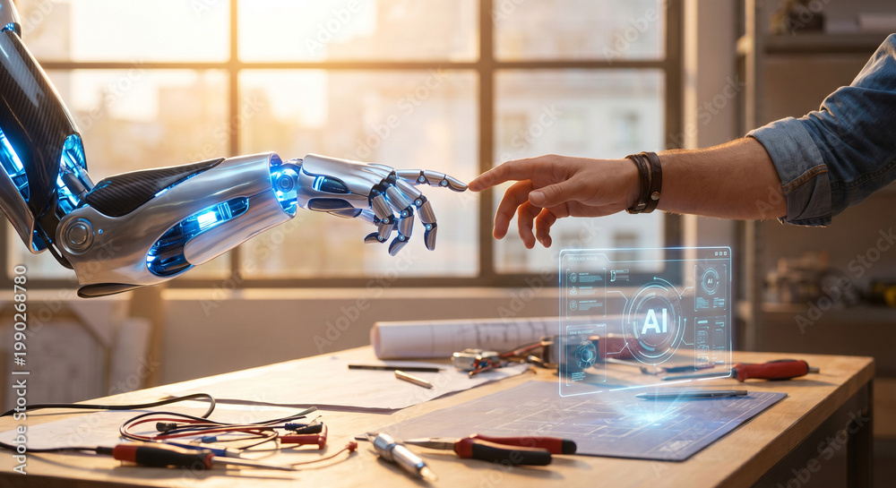 Obraz premium human and robotic hand