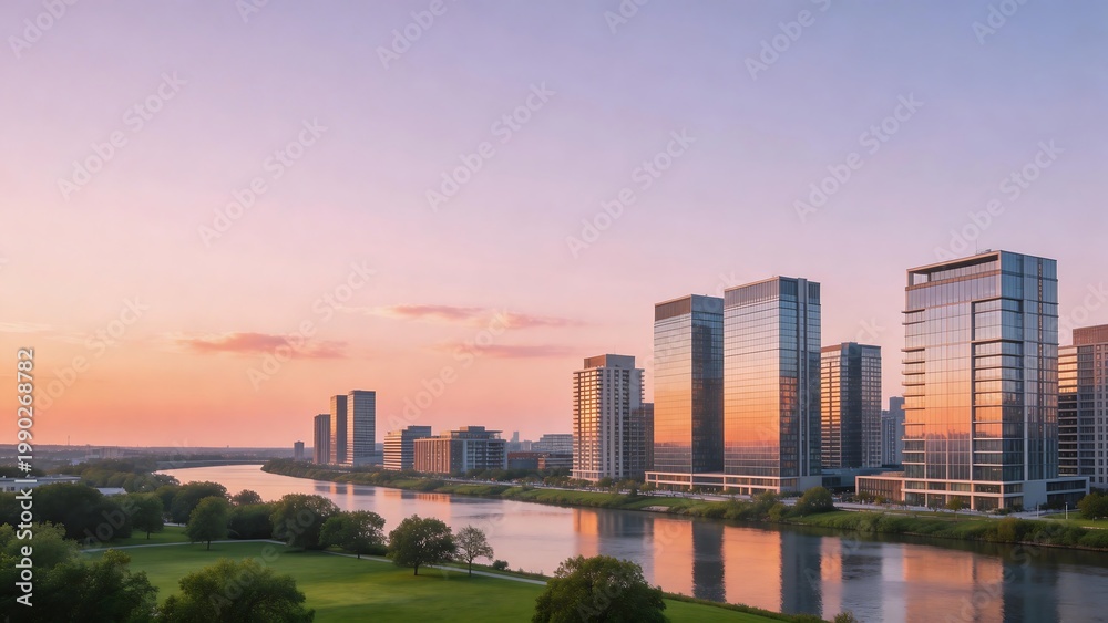 Obraz premium Modern city skyline by river at sunset