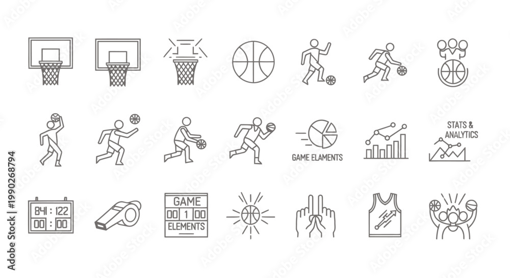 Fototapeta premium Dynamic sequence of basketball players practicing dribbles, passes, and shoots around hoops on a court with coaches and drills.