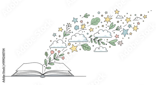 Open Book with Flowers and Stars.