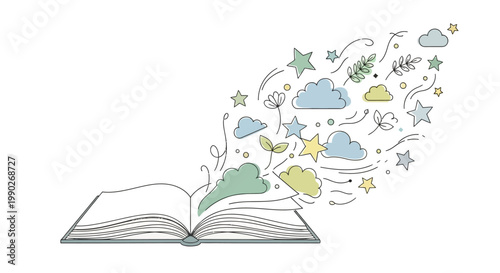 Open Book with Dreamy Cloudy Scene.