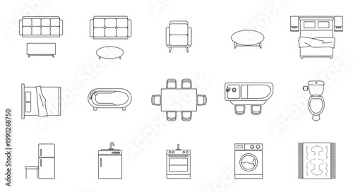 Collection of various furniture and home appliance line art icons.