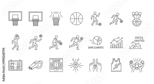Dynamic sequence of basketball players practicing dribbles, passes, and shoots around hoops on a court with coaches and drills.