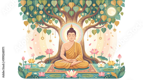 Serene Buddha sitting in meditation under a tree with lotus flowers, symbolizing spiritual harmony and enlightenment on Vesak Day, with a peaceful background.