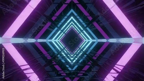 Futuristic Neon Tunnel with Symmetrical Geometric Glow in Purple and Blue, Sci-Fi Abstract Background