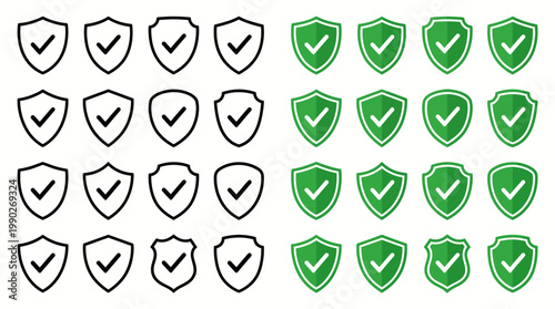 Set of security shield icons, security shields logotypes with check mark and padlock isolated on transparent. Shield security icon. Safety protection sign