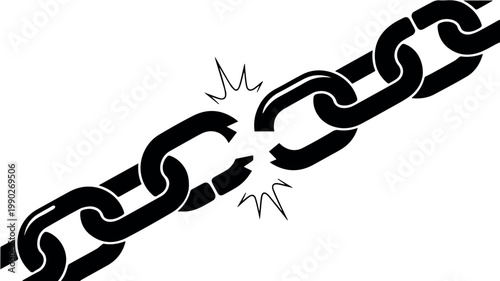 A powerful black and white illustration depicting a single broken link within a chain, symbolizing freedom, weakness, or a breach.