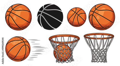 Basketballs in motion with hoops and nets, dynamic sports equipment on a white background.