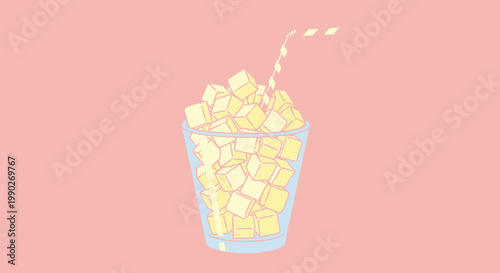 Minimalist illustration of a clear glass overflowing with bright yellow sugar cubes, complete with a striped straw, set against a soft pink backdrop