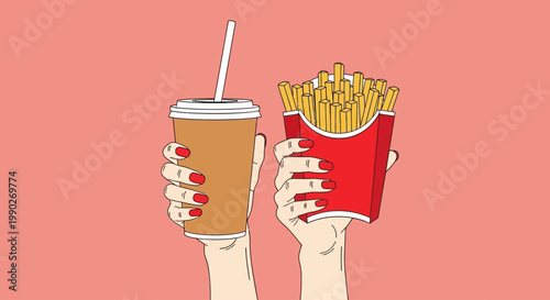 Vibrant vector illustration of hands presenting popular fast food items a refreshing drink with a straw and golden french fries on a cheerful pink background
