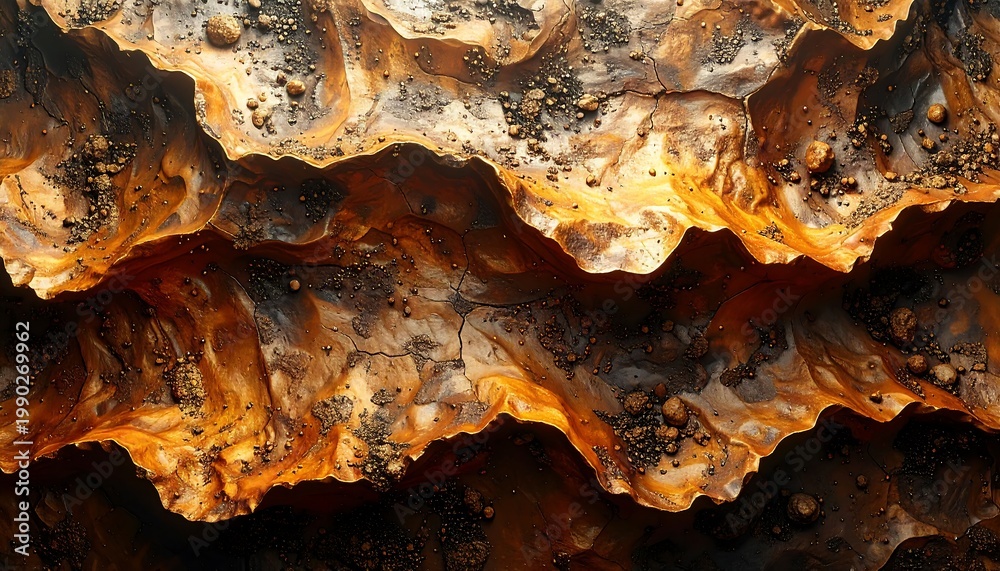 Fototapeta premium Aerial view of a rough, cracked surface. Warm, earthy tones dominate. Small particles dot the surface