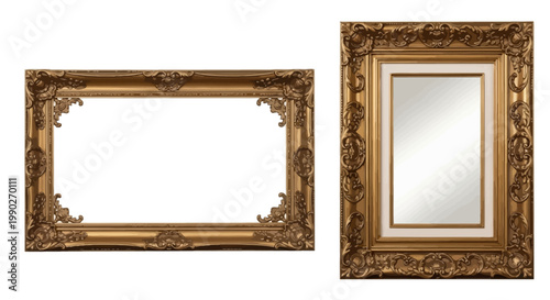 Two ornate gold picture frames, one rectangular and one square, displayed against a white background, showcasing detailed decorative elements