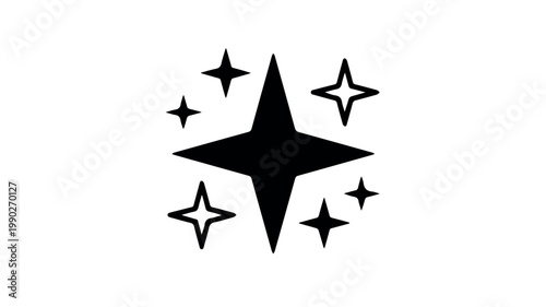 A central four-pointed star surrounded by smaller, radiant stars, collectively symbolizing sparkle, magic, cleanliness, or brilliance.
