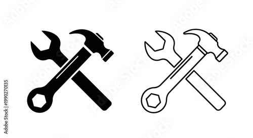 Set of crossed wrench and hammer icons, symbolizing repair, construction, and maintenance