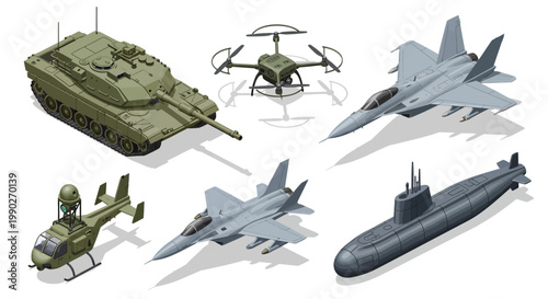 Collection of Modern Military Vehicles Including a Tank, Helicopter, Fighter Jet, Drone, and Submarine