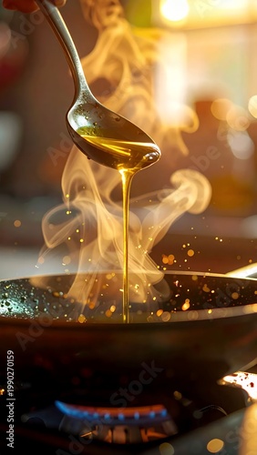Pouring cooking oil into a hot pan with steam rising during food preparation.