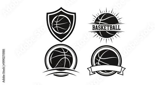 Collection of basketball logos featuring shields, crests and hoops in monochrome style for branding and graphic design.