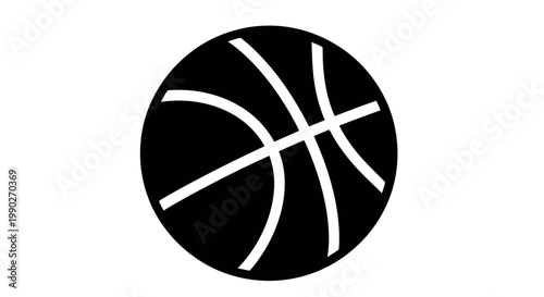 Bold black circle basketball icon with white curved lines forming a ball silhouette.