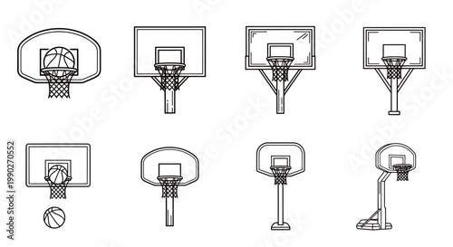 Set of basketball backboard and hoop illustrations in various angles and styles for sports graphics.