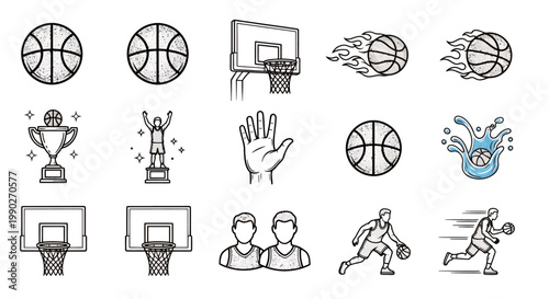 Collection of basketball themed icons including players, hoops, and trophies.