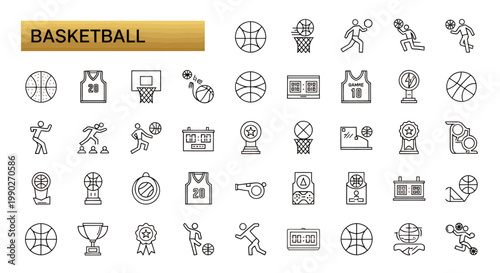 Basketball Game Icon Set Featuring Players, Equipment, and Action Symbols.