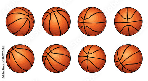 Eight basketballs arranged in a neat grid for sports photography and design study.