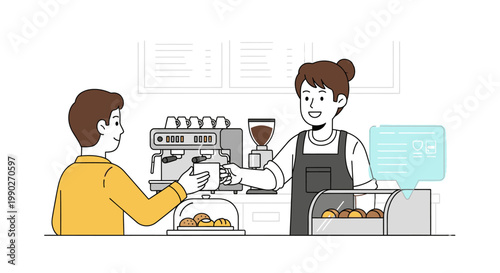 Illustration of a barista handing a cup of coffee to a customer in a modern cafe with a minimalist background and warm tones.