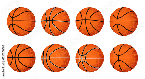 Eight orange basketballs arranged in two rows on a plain background for a sports themed display.