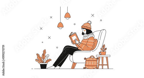 Woman wearing orange knitwear reading book.
