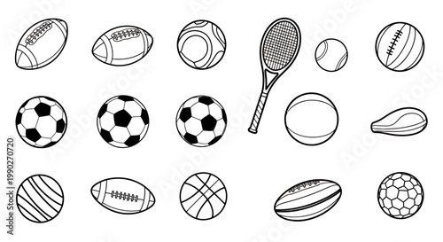 Assorted sports balls and racquets scattered across a white surface in a varied display.