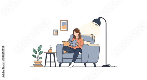 Woman sitting on couch reading book.